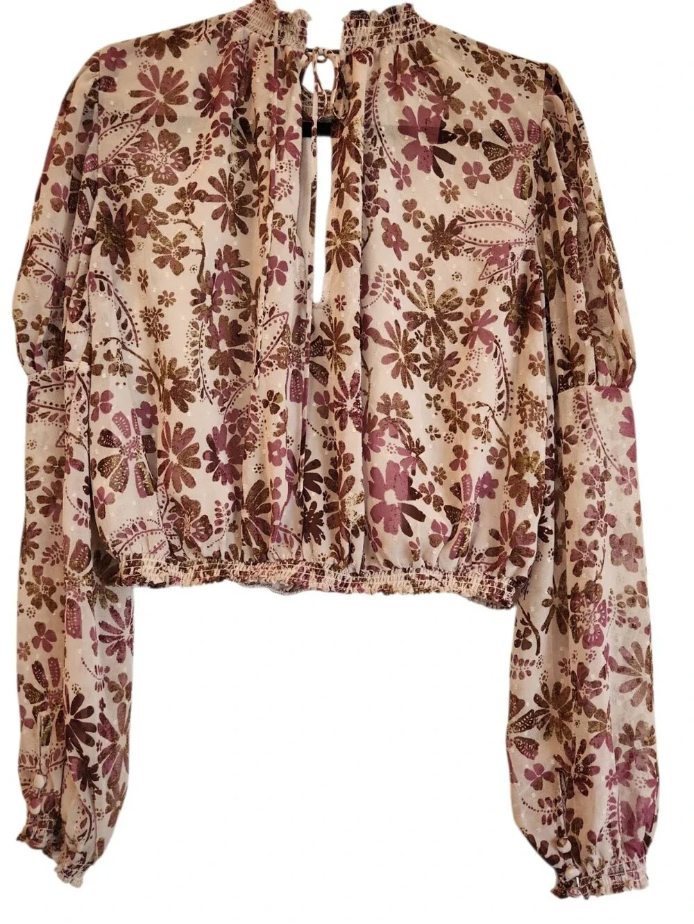 Free People Clarissa Floral Top Size XS Keyhole Tie Back Lavender/Brown Flowy